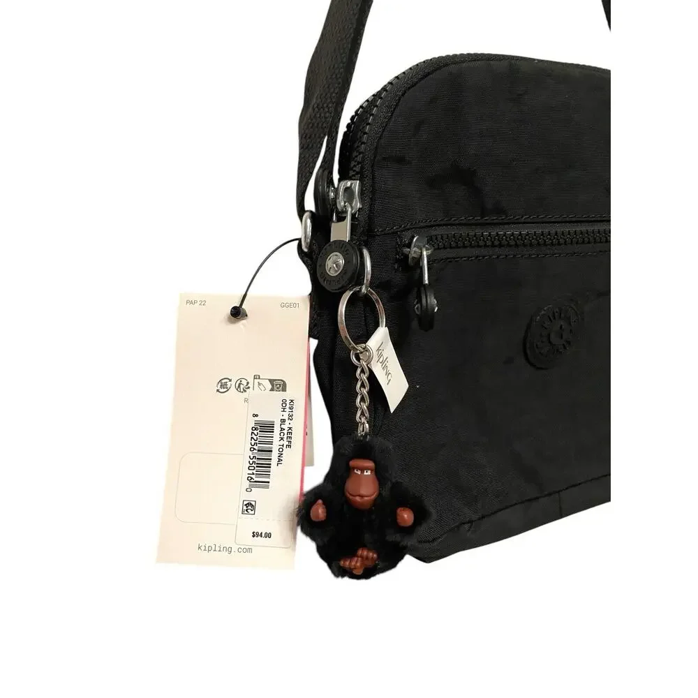 Kipling Keefe Crossbody Bag‎ Tonal Black Dual Compartments Travel Monkey NEW